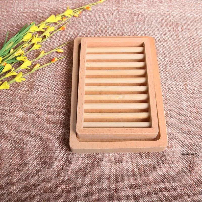 Porte-savon en bois naturel drainant la salle de bain double couche porte-savons 14 cm * 9,5 cm rangement à domicile RRF12630