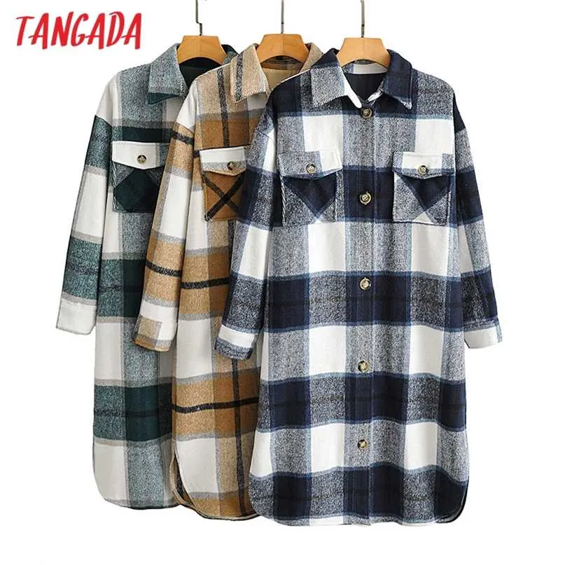 Tangada Jesień Zima Kobiety Zielona Plaid Long Coat Kurtka Dorywczo Ciepły Płaszcz Moda Długie Płaszcze AI35 211110