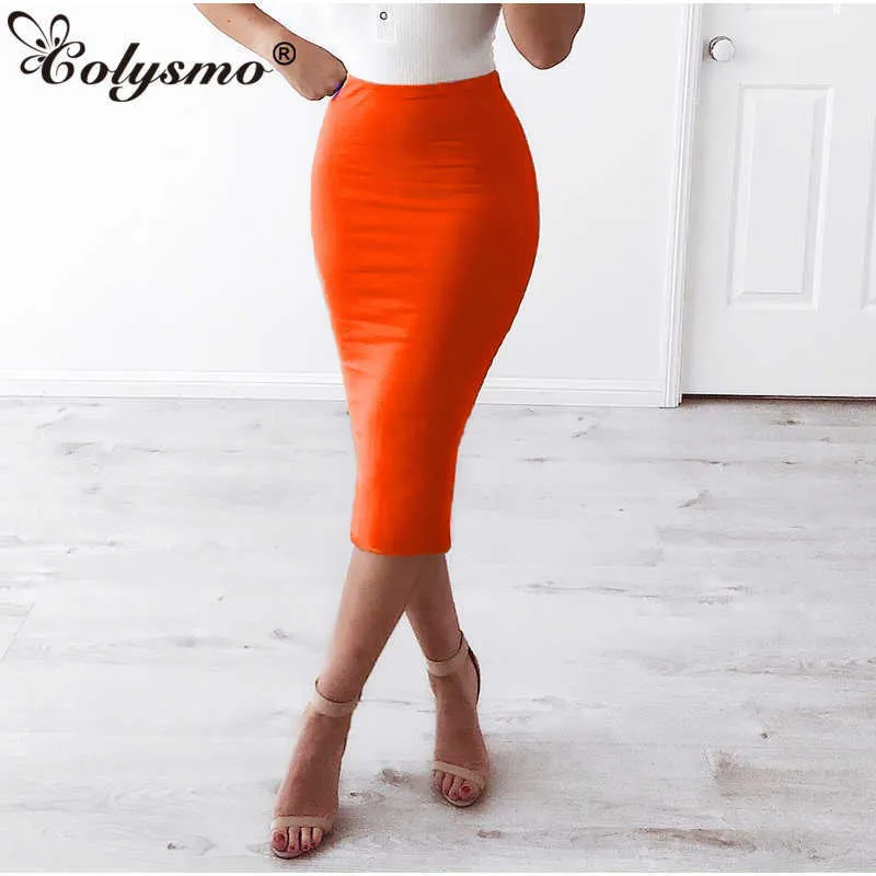 Colysmo 2 Layers High Waist Stretch Pencil Midi Skirt Women Elegant White Long s Candy Colors Cotton Casual Gray 210527