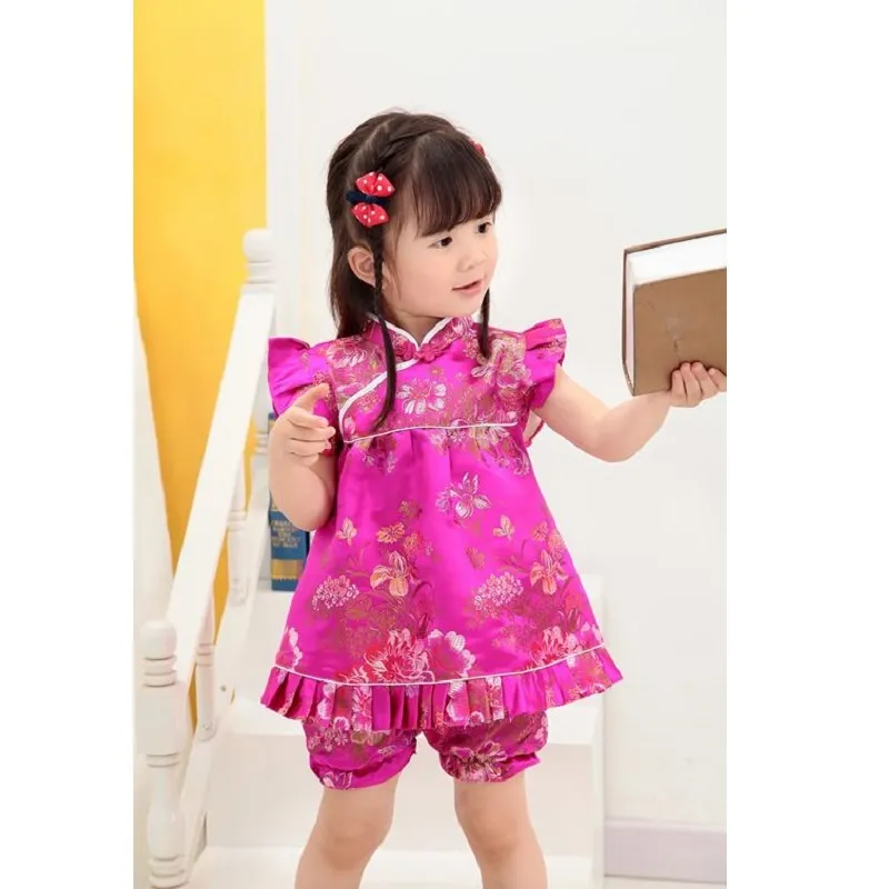 Floral Qipao barnkläder sätter nyår kinesiska baby tjejer klänningar kort byxor cheongsam toddler tjej kläder jumper 210413