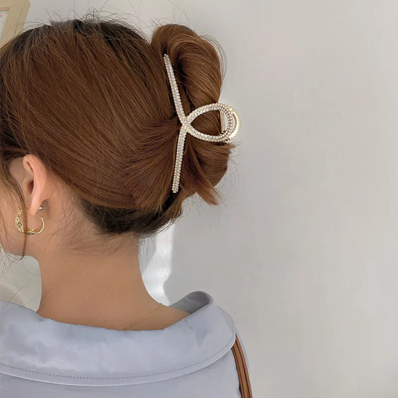 新しい女性エレガントなラインストーンパールクロス長方形の月の形の髪の爪甘いバックヘアクリップヘアピンファッションヘアアクセサリー