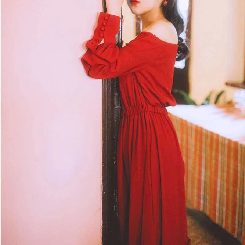 Perhaps Red Off-Shoulder Red Ruffle Maxi Dress with Solid Slash Neck and Long Sleeves - D1750 210529