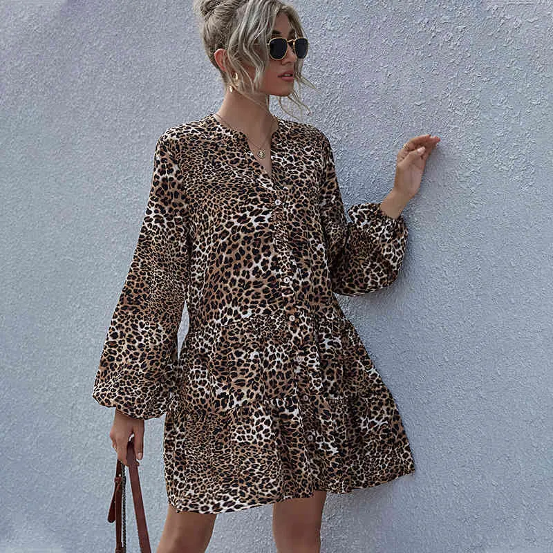 High Street donna Casual abito allentato autunno stampa leopardo manica lunga camicia cardigan donna mini abito femminile vestido 210514