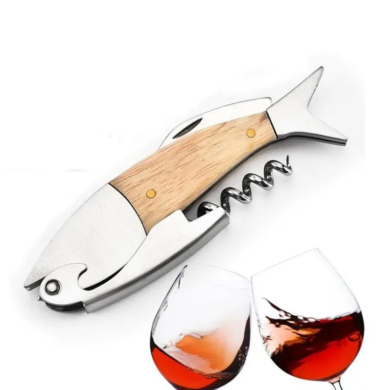 Cute Fish Shaped Wine Opener Wood Handle Professional Metal Openers Multifunction Portable Screw Corkscrew Wine Bottle Opener LX3664