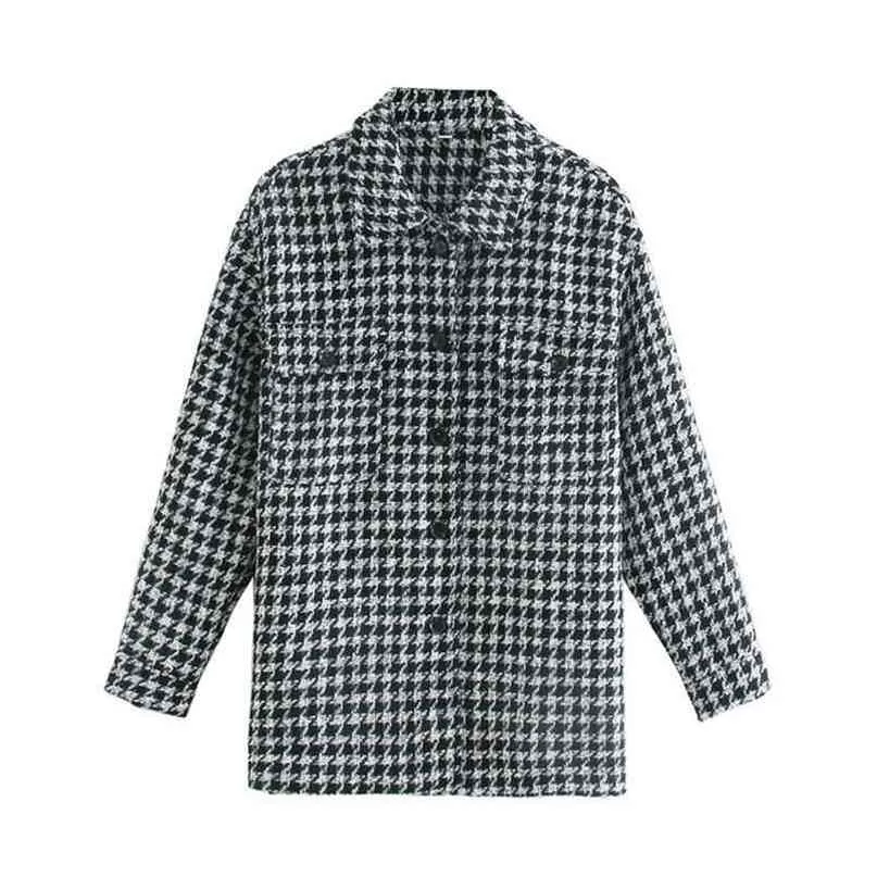 evfer women streetwear 검은 격자 무늬 느슨한 가을 outwear 재킷 여성 패션 단일 브레스트 houndstooth 두꺼운 코트 재킷 210922