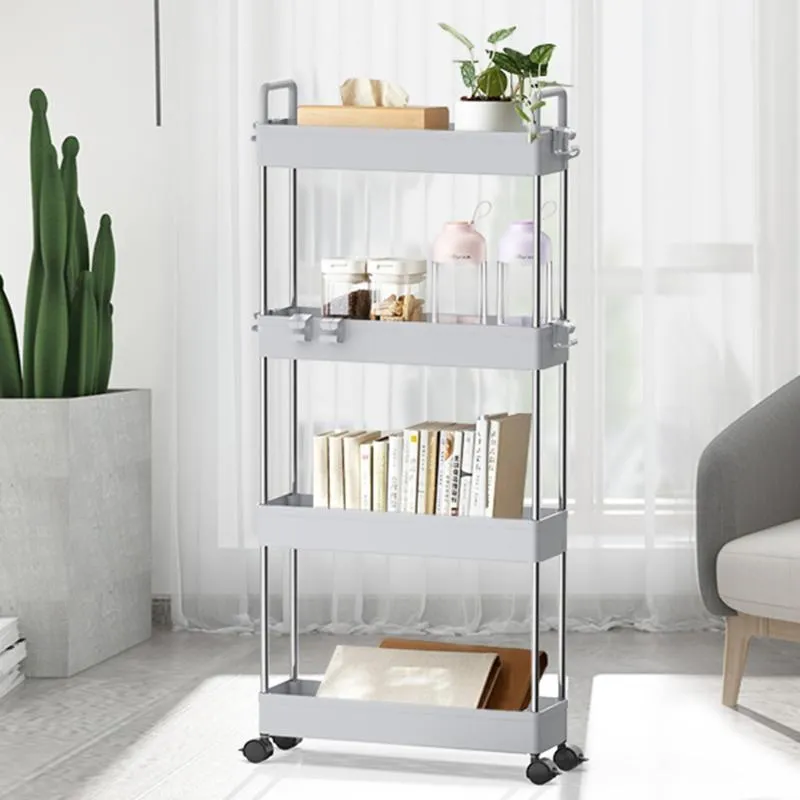 Hooks & Rails Adjustable 4/3/2 Layers Storage Trolley Shelf Movable Rack Rolling With 4 Wheels Cart Goods Kitchen Tableware