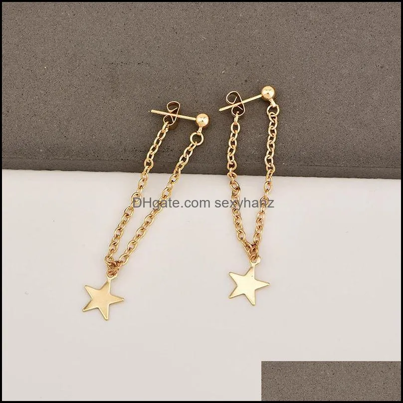 Fashion Simple Personality Pentagram Star Back Hanging Drop Earrings Korean Metal Chain Dangle Brincos Women`s Jewelry