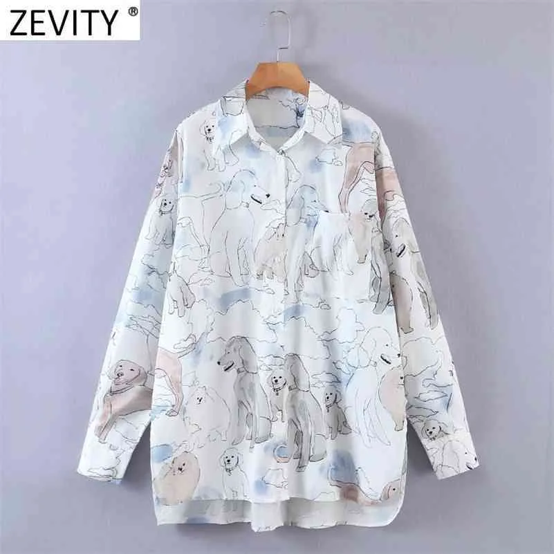 Kobiety Sweet Cartoon Dogs Print Casual Luźne Koszule Office Lady Długie Rękaw Bluzka Chic Kieszonkowy Blusas Topy LS9166 210416