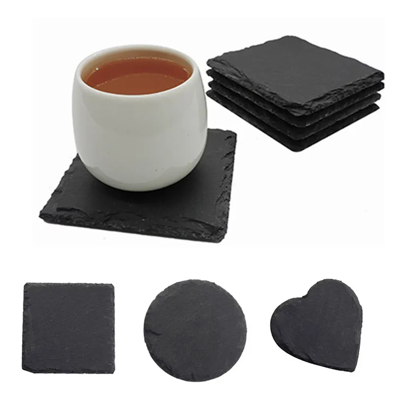 Slate Stone Drink Coasters Cup Mats Natural Dish Plate for Bar Kitchen Home Decor Black 10cm(3.9Inch) XBJK2107