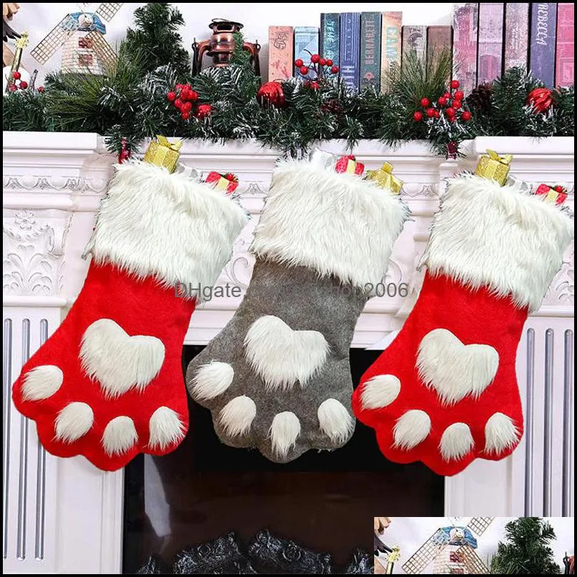 Christmas Decoration Dog Paw Sock Gift Bag Red Grey Christmas Stocking Non Woven Candy Bag Christmas Tree Ornament Xmas Gift VT0754