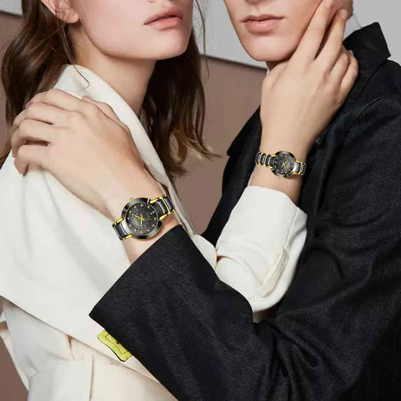 Lige casal de luxo assistir dourado moda casual amantes cerâmicos assistir relógios de pulso de quartzo para mulheres homens analógicos relógios de pulso + caixa 210517