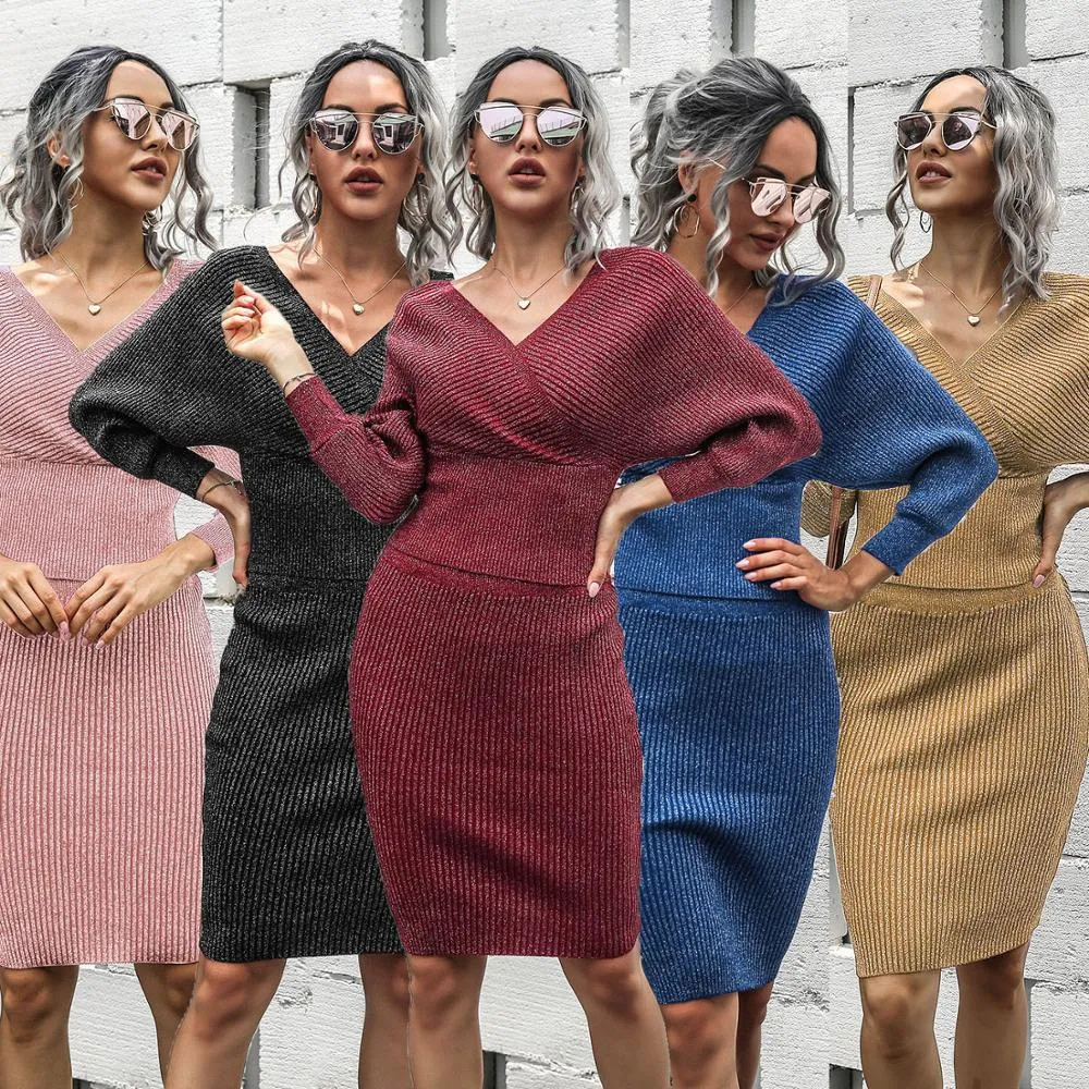 Women s Autumn Evening Party Sweaters Sets Tops And Skirt Long Sleeve Knitting office Lady Casual Two piece Set Sweater Dress 210520