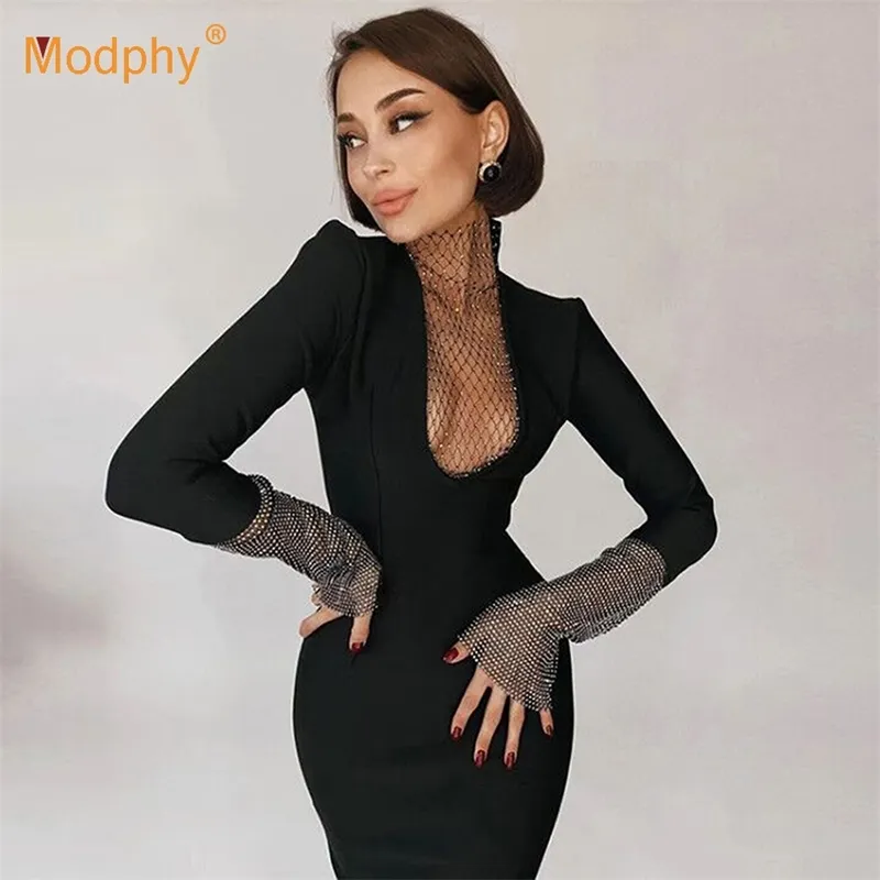 Sexy Fishnet Diamond Women Bandage платье с длинным рукавом Bodycon Club знаменитости вечерняя вечеринка Vestidos весна / лето 210527