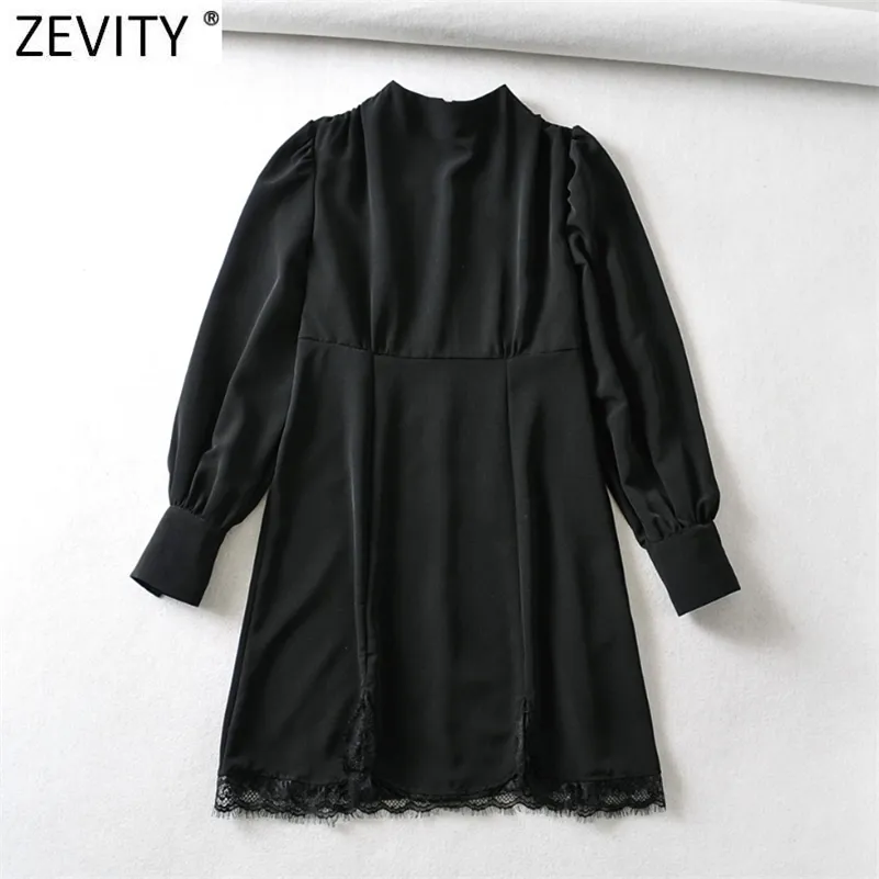 Kvinnor Vintage Platser Stand Collar Hem Lace Stitching Black Mini Dress Office Chic Kvinna Back Zipper Vestido DS4980 210416