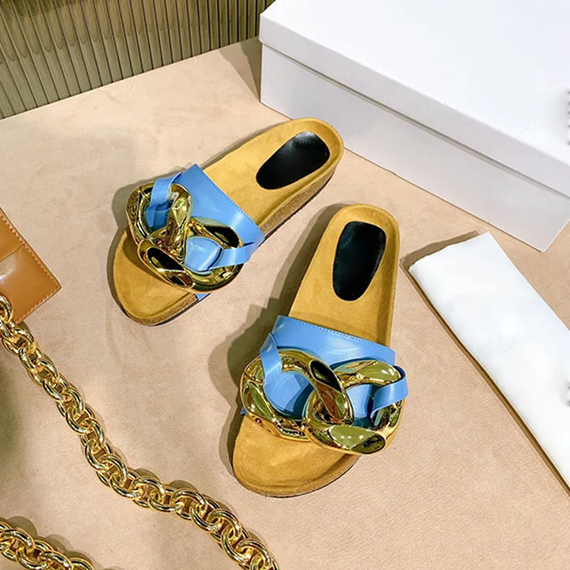 2021 Baotou slippers leather metal chain wear-resistant flat sandals women casual size 35-41woman sandal free ship jelly bowtie shoe