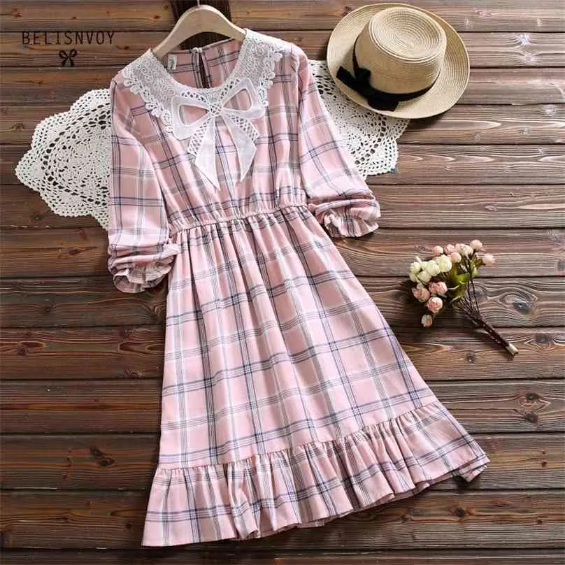 Japanese Mori Girl Vintage Plaid Mini Dress for Women with Bow Lace Collar  and Long Kimono Sleeves, 100% Cotton, Pink from Dhgate Basic & Casual  Dresses - price 43.5