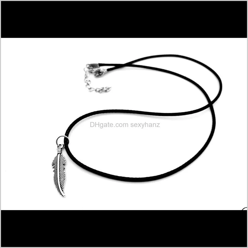 10pcs simple cute long bird feather necklace indian tree pot fallen leaf vine olive leather rope necklaces for women