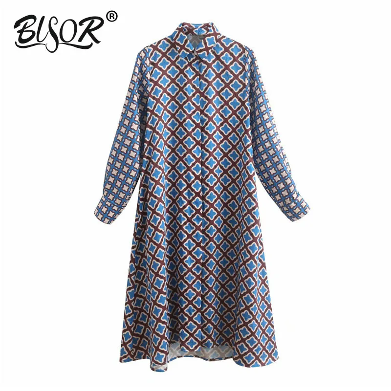 Women elegant geometric print midi dress straight style lapel long sleeve female casual office wear mid calf dresses 210430