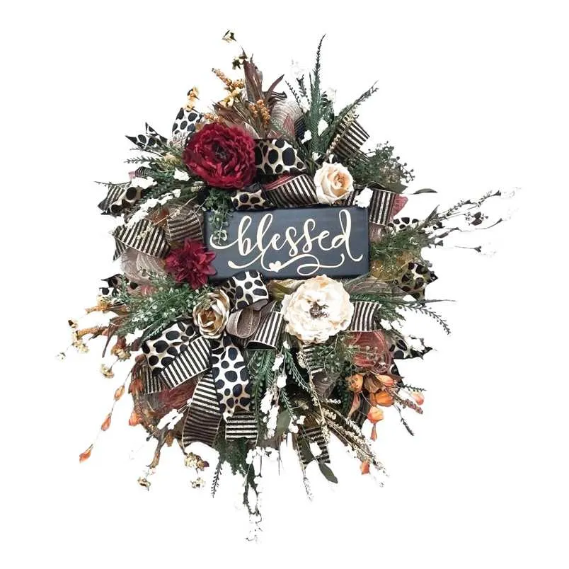 15.7 Inch Fall Artificial Round Wreath For Front Door - Home Decoration Handicraft Frame With Silk Leaves Thanksgiving Decor 211104