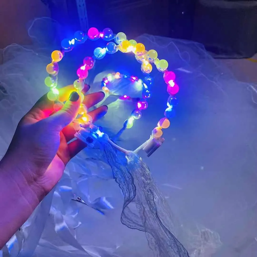 Bagliore colorato Lampeggiante Led Compleanno Matrimonio Tre stadi Cambia colore Perla Cerchio per capelli Rete Fata Tiara Capelli Filato di piombo Notte