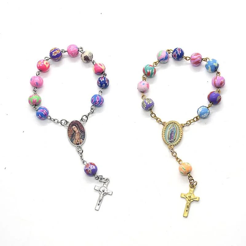 Katolska Rosary Armband Färgrik Faience Clay Pärlor Favor Chopening Armband Dusch Dop Souvenir Jesus Crucifix Cross Link, Chain