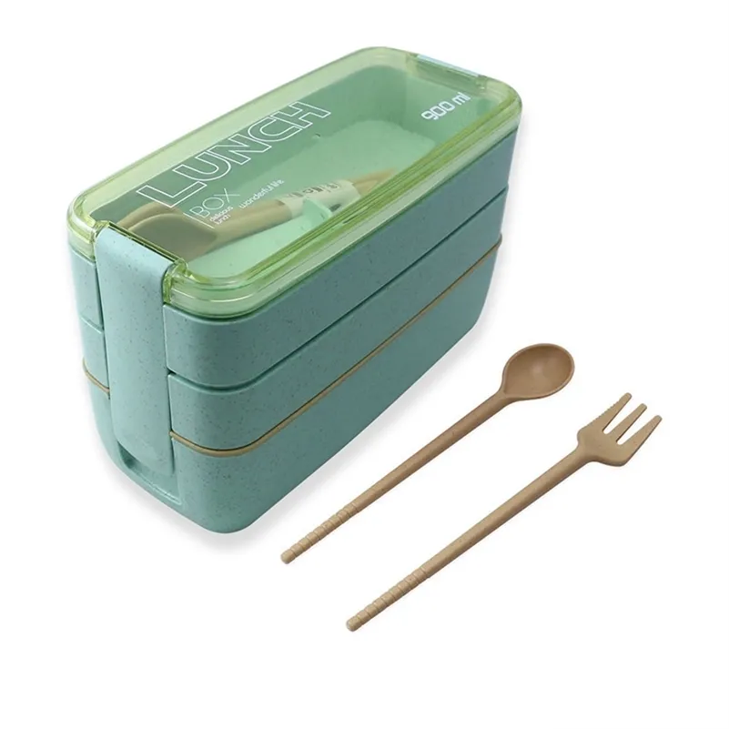 900ml 3 camadas almoço caixa bento recipiente de alimentos eco-friendly trigo material de palha microondable lancheira 210925