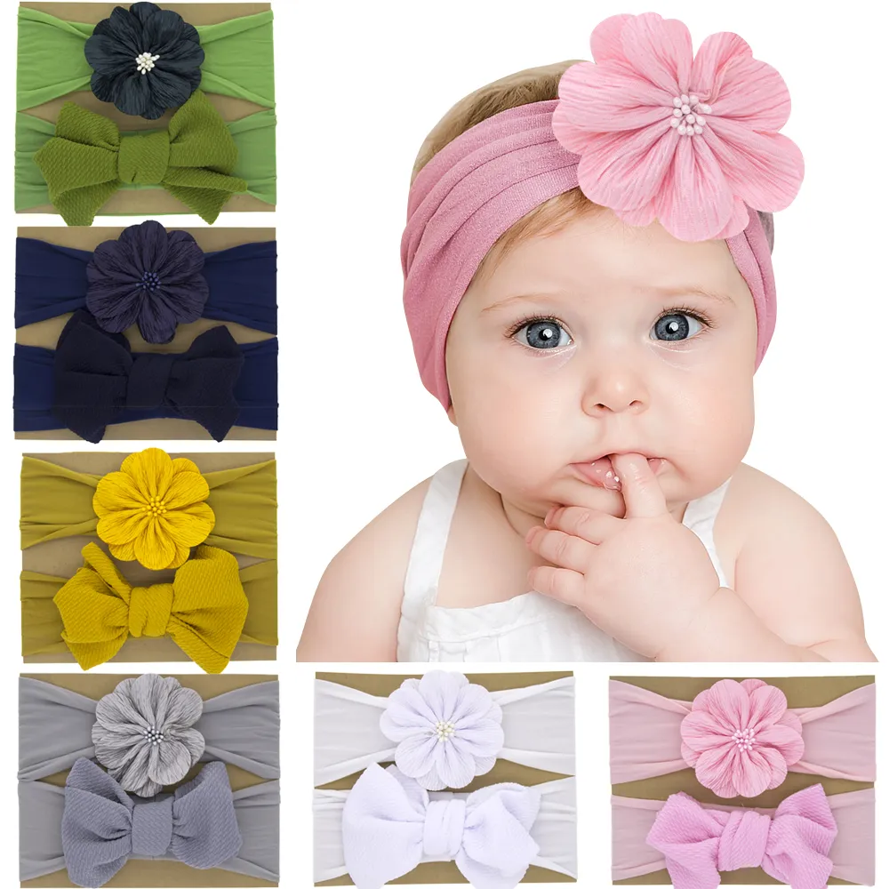 Baby Headbands Flower Bow Hair Tillbehör Kids Girls Nylon Wide Head Wrap Barn Elastisk Bowknot Flower Headband 2st Set Kha161