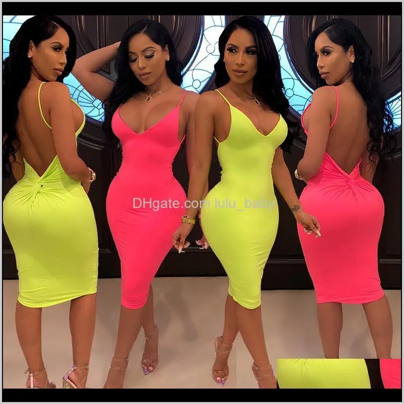 Vêtements pour femmes Vêtements Drop Delivery 2021 Strap Sexy Basic Party Neon Pour Femmes Casual Solide Sans Manches Robe Moulante D'été Rose Robes I1