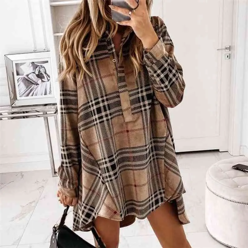 Automne Plaid imprimé Mini robe à manches longues à manches longues col boutonné robes féminines streetwear décontracté lâche dame vêtements 210409