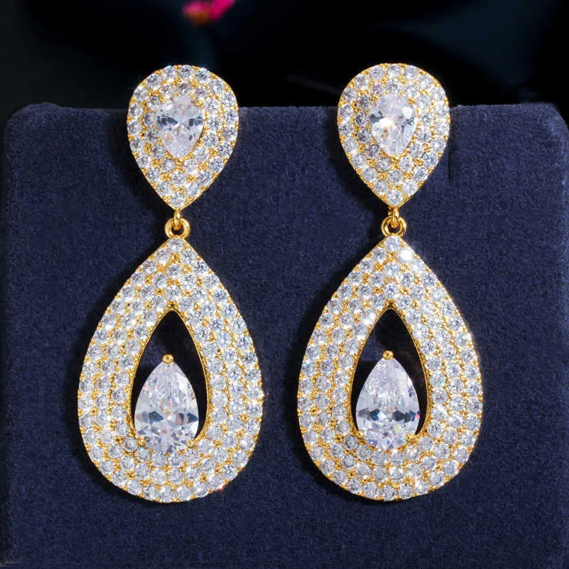 Toppkvalitet Glänsande Tear Drop Cubic Zirconia 585 Guld Lång Dangle Pendant Örhängen för Kvinnor Party Smycken CZ653 210714