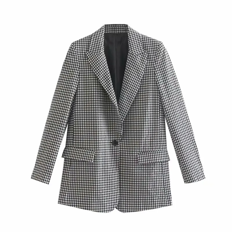 Kvinnor Vintage Black White Plaid Print Casual Blazer Office Lady Retro Långärmad Outwear Suits Chic Leisure Coat CT282 210420