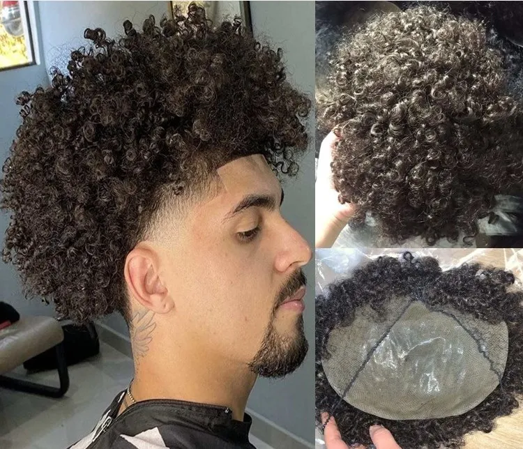 Man Curly Wigs Full PU Toupee 10A Grade Brasilianska Virgin Remy Human Hair Units för Black Mens Fast Express Delivery