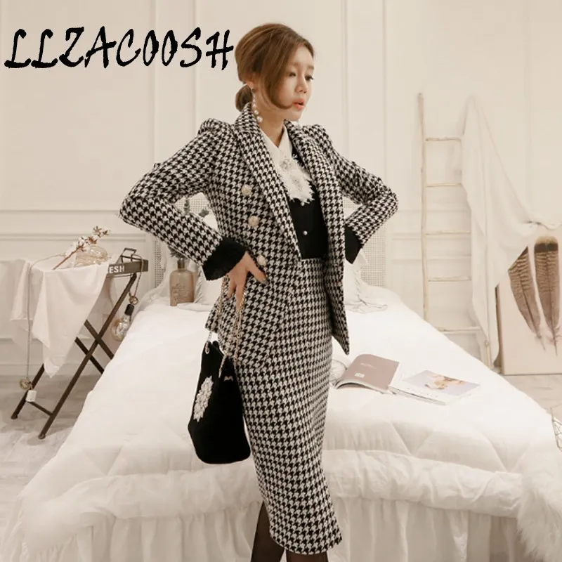 Fall Winter Women Suits Fashion Black White Tweed Plaid Turn Down Collar Blazer Coat + Split Pencil Skirt 2 Piece Set 210514