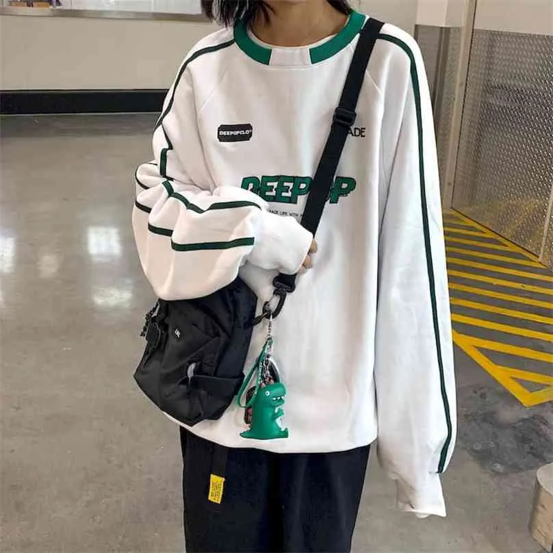 Männer Frauen College-Stil T-Shirt Herbst Winter Weiß Sport Hip Hop Top Koreanischer Student Lose Liebhaber Streetwear 210720