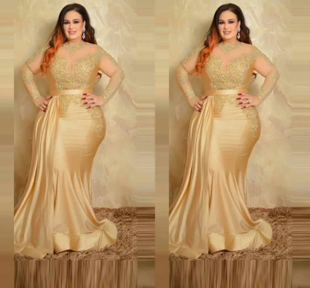 2023 Sexy Plus Size Formal Evening Dresses Elegant With Long Sleeves Gold Lace High Neck Sheath Special Occasion Dress Mother Of The Bride