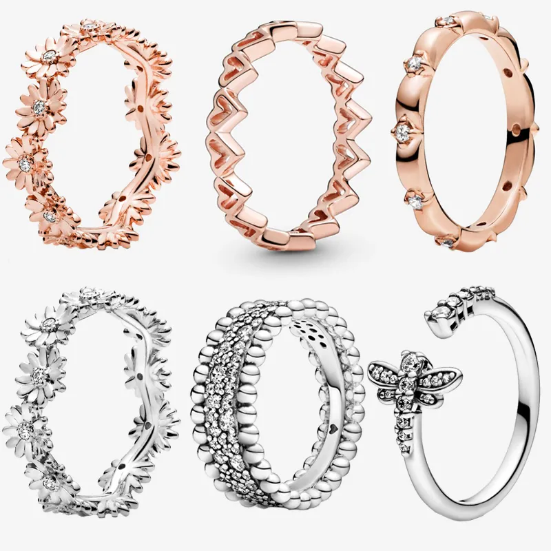 Silberne Eheringe für Frauen, glänzende Gänseblümchenkrone, Verlobungsschmuck, Jahrestag, DIY-Fit-Pandora-Ring mit Box