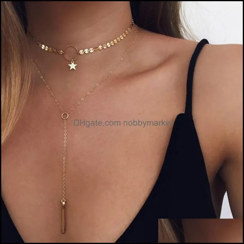 Wisiorek Naszyjniki Wisiorki Biżuteria Złote Cekiny Długa Tassel Gwiazda Choker Naszyjnik Aessorys Dla Kobiet Dwuwarstwowa Chokers Drop Dostawa 20