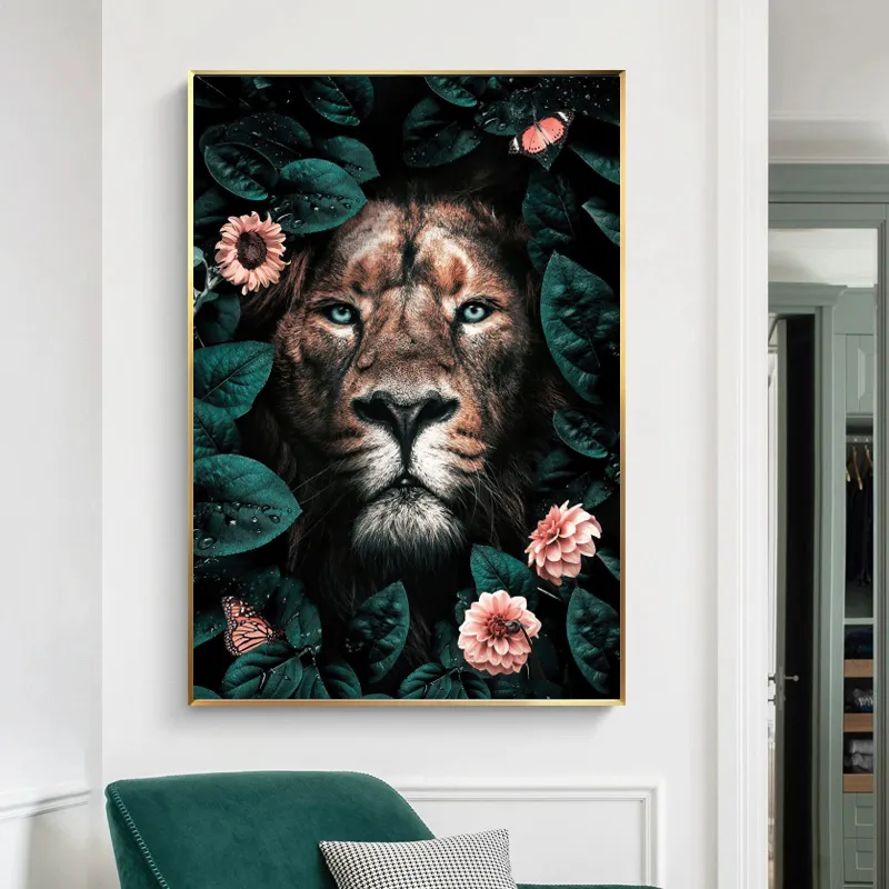 Flower Animal Lion Tiger Leopard Streszczenie Płótno malarstwo ścienne sztuka nordycka plakat dekoracyjny obraz do wystroju salonu