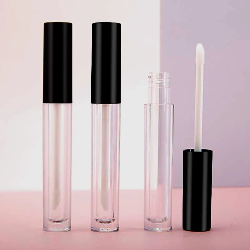 4ml Empty mini lip gloss containers bottles transparent round travel size refillable plastic bottle with lipbrush black lid for sample split charging
