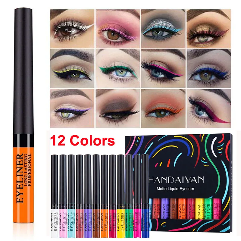 Kolorowy zestaw Eyeliner Matowy Płynny Eyeliner Jasny Kolor Eyeliners 12 Kolory Wodoodporna Wysokie pigmentowane Neon Neon Eye Liner Ołówek Marka Handaiyan