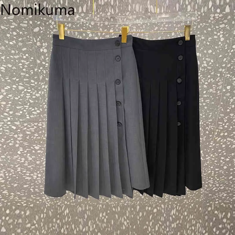 Nomikuma Femmes Jupe Plissée Printemps Été Boutons Jupes Taille Haute Coréen Causal A-ligne Élégant Faldas De Mujer 6H358 210427
