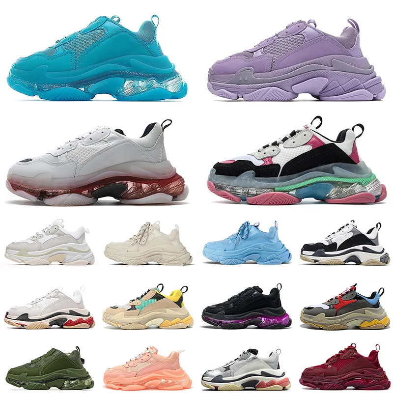 2022 Authentic Triple S Clear Sole Designer Shoes Black Ivory Purple White Pink Red Navy Blue Green Crystal Designer Platform Sneakers Classic Og Trainers Outdoor