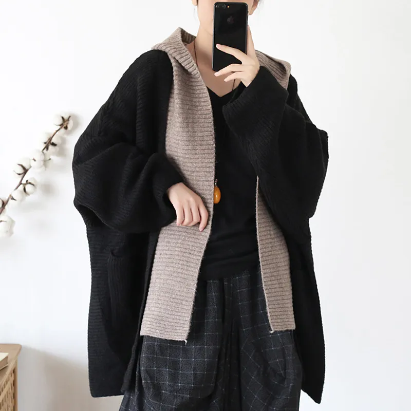 Johnature Patchwork Hooded Sweaters Cardigan voor Vrouwen Herfst Bat Mouw Vintage Vrouwen Doeken Herfst Gebreide truien 210521