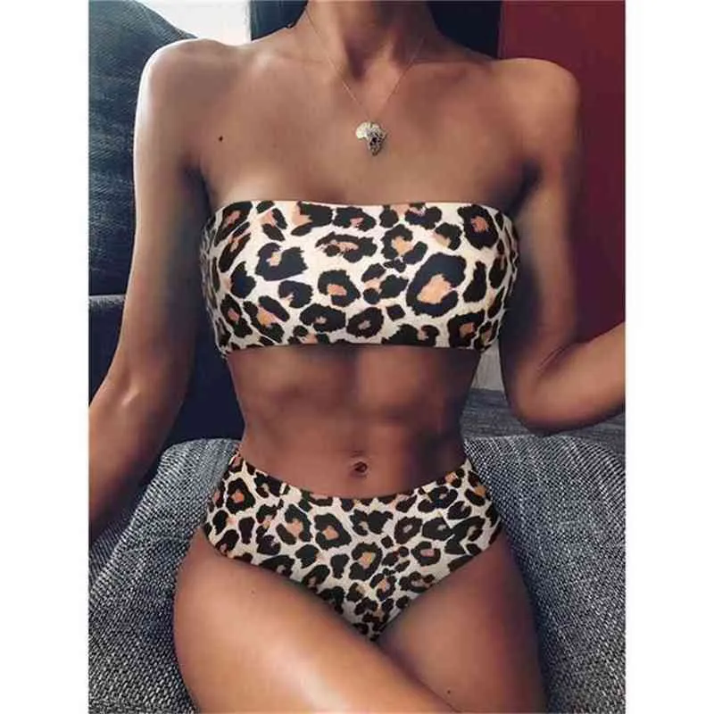 Leopardo Bikini High Waist Swimsuit Mulheres Push Up Bandeau Off Shoulder Beach Natação Terno Brasileiro Swimwear 210702