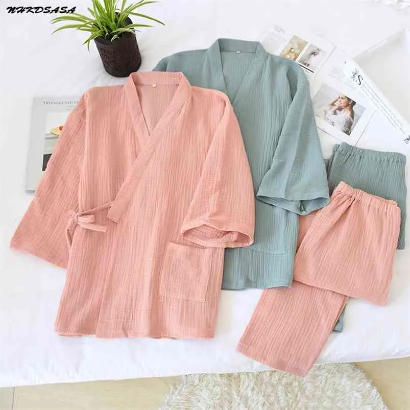 NHKDSASA Kimono pijamas em v-pescoço de algodão crepe pijamas mulheres 2 peças conjunto duplo camada gaze sleepwear dormir tops homens homewear mujer 210831