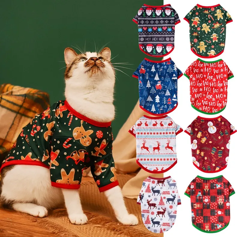 Julhund kläder liten hund katt kostym jul husdjur dekoration söt tecknad santa claus snögubbe älg print xd29960