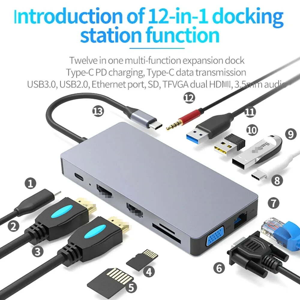 방송국 USB C 허브 - HD 호환 VGA 다중 RJ45 스플리터 3.5mm AUX PD 충전기 SD TF 카드 독자