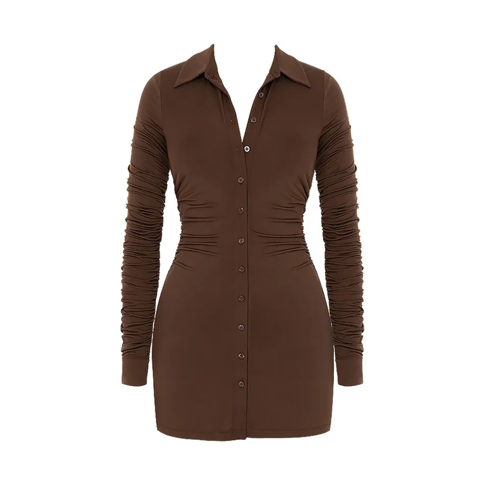 Ladies Brown Polyester Shirt Dress Mini Ruffled Single Breasted V-Neck Long  Sleeve Summer Ball Gown Above Knee from Dhgate Basic & Casual Dresses -  price 80.74