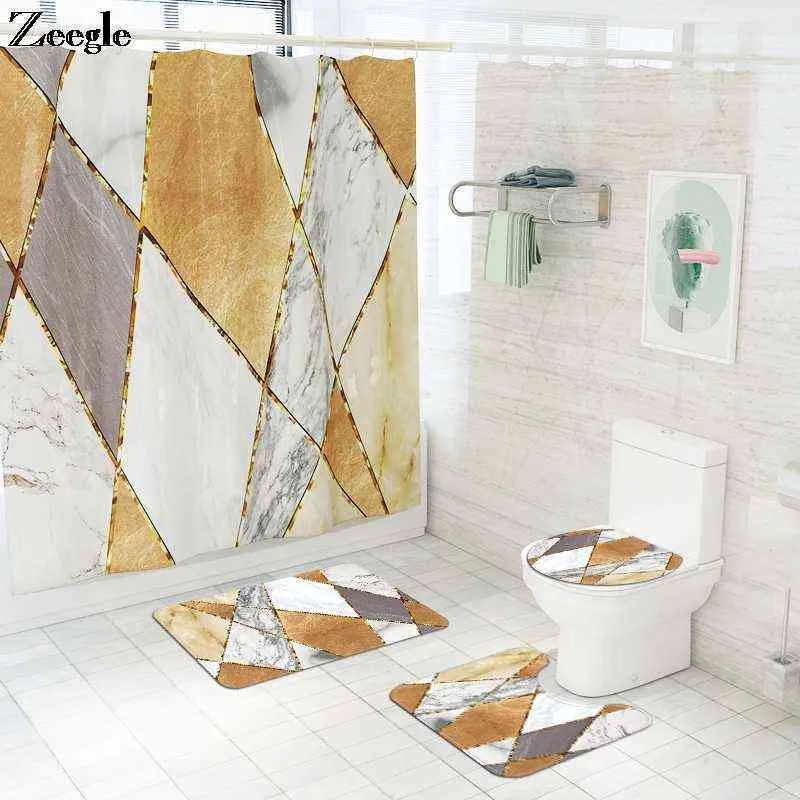 Tapis de toilette antidérapant Ensemble de bain de salle de bain avec rideau de douche imperméable Housse de siège absorbante Plancher de salle de lavage 211109