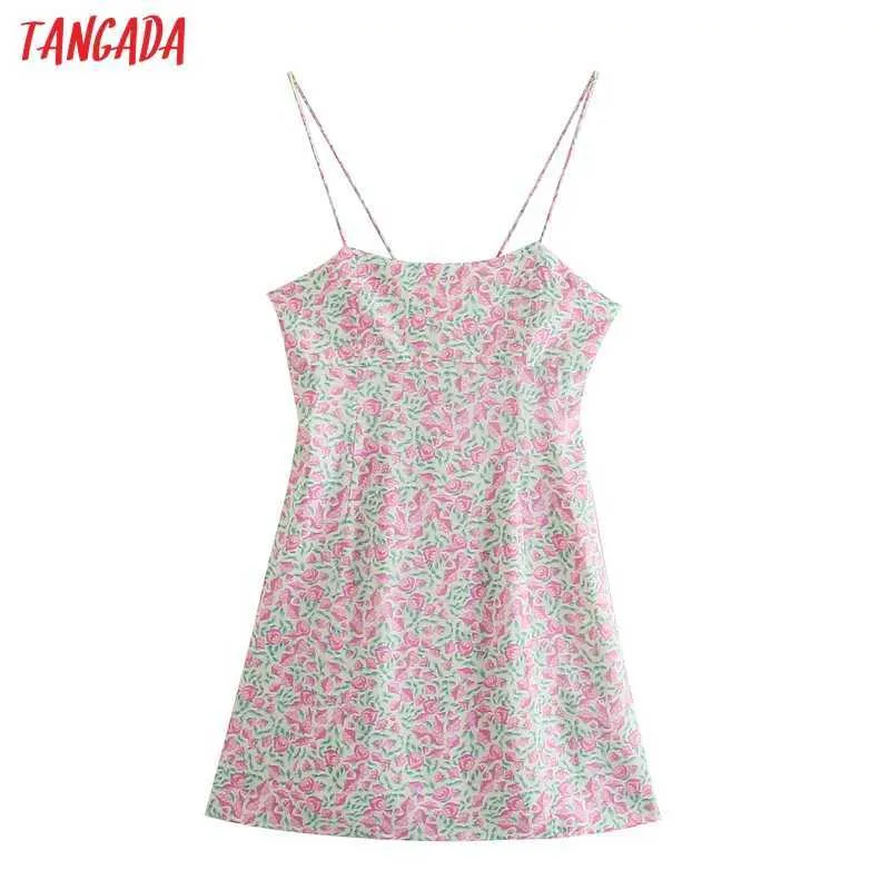Tangada zomer mode vrouwen bloemen print riem jurk mouwloze backless vrouwelijke strand sundress 3H377 210609